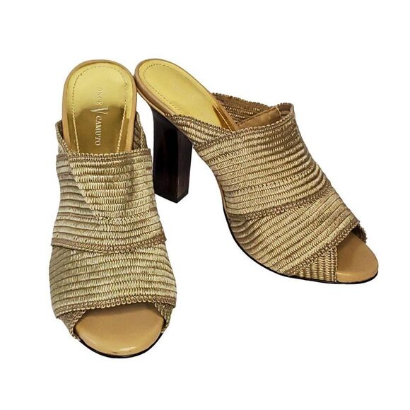 Vince Camuto Fabric Straw Slide Heel Sandal 9 Open Almond Toe Tan Wood Look Heel - Picture 1 of 9